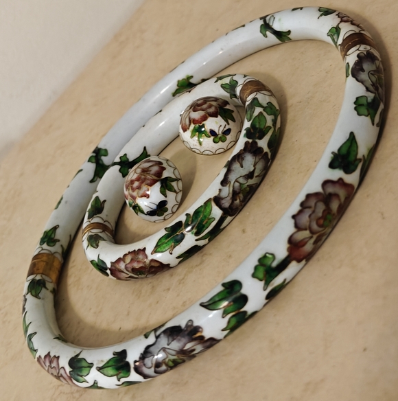 Rare Chinese Export Vintage 60s Cloisonne Hinged Pipe Jewelry Set - Picture 3 of 16